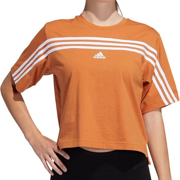 Adidas Women's Orange White 3-Stripes Ringer Short Sleeve Cropped Top Size S - Picture 1 of 9